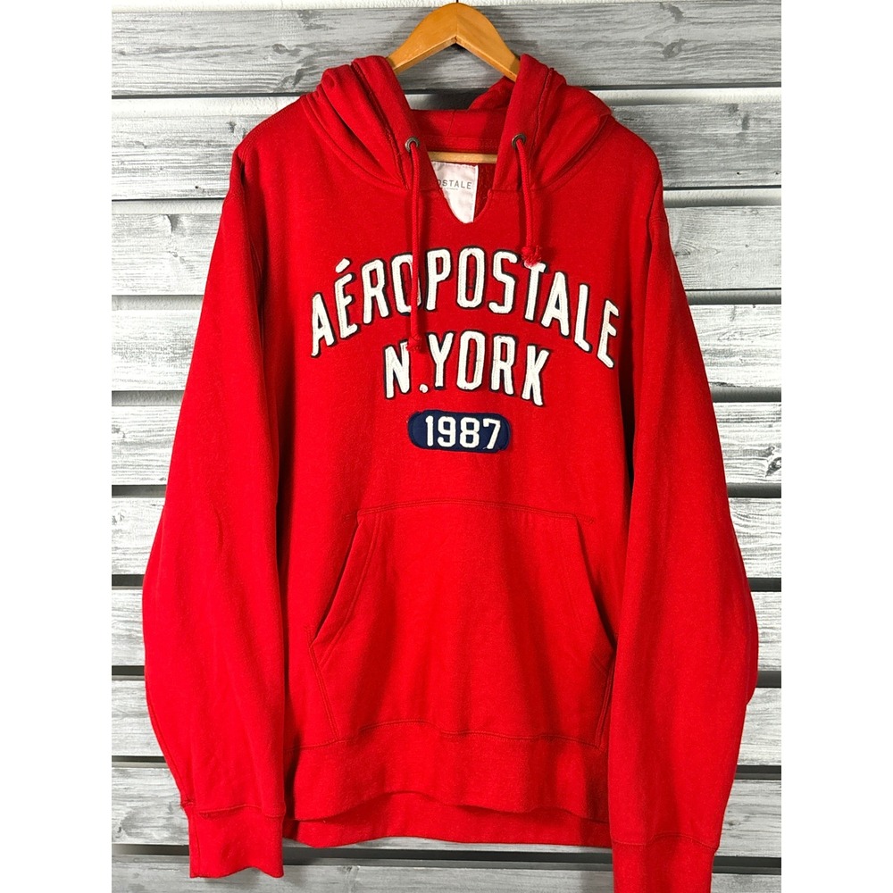 vtg Y2K Aeropostale Mens Red New York 1987  Embroidered Hoodie Sweatshirt 2XL